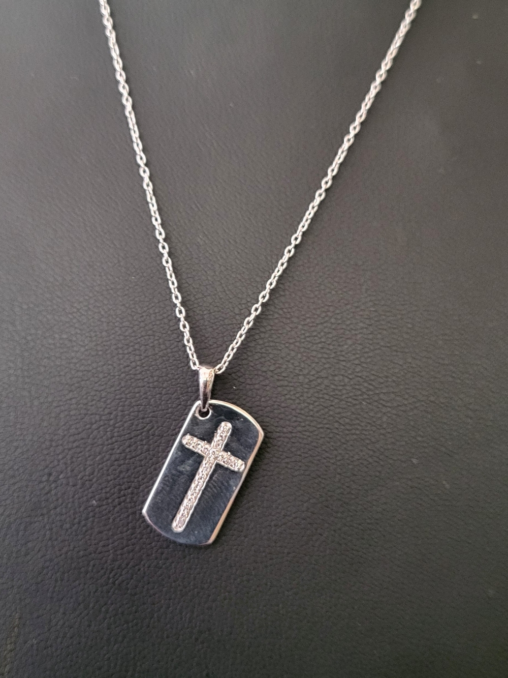 Sterling Silver Cross Dog Tag Necklace - Lab Grown Diamonds